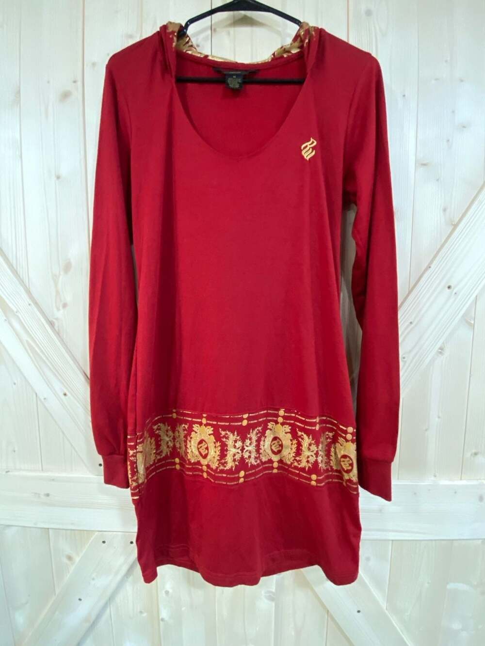 Rocawear Red Long Sleeve Dress Hooded Tunic with Gold Baroque Trim Size M